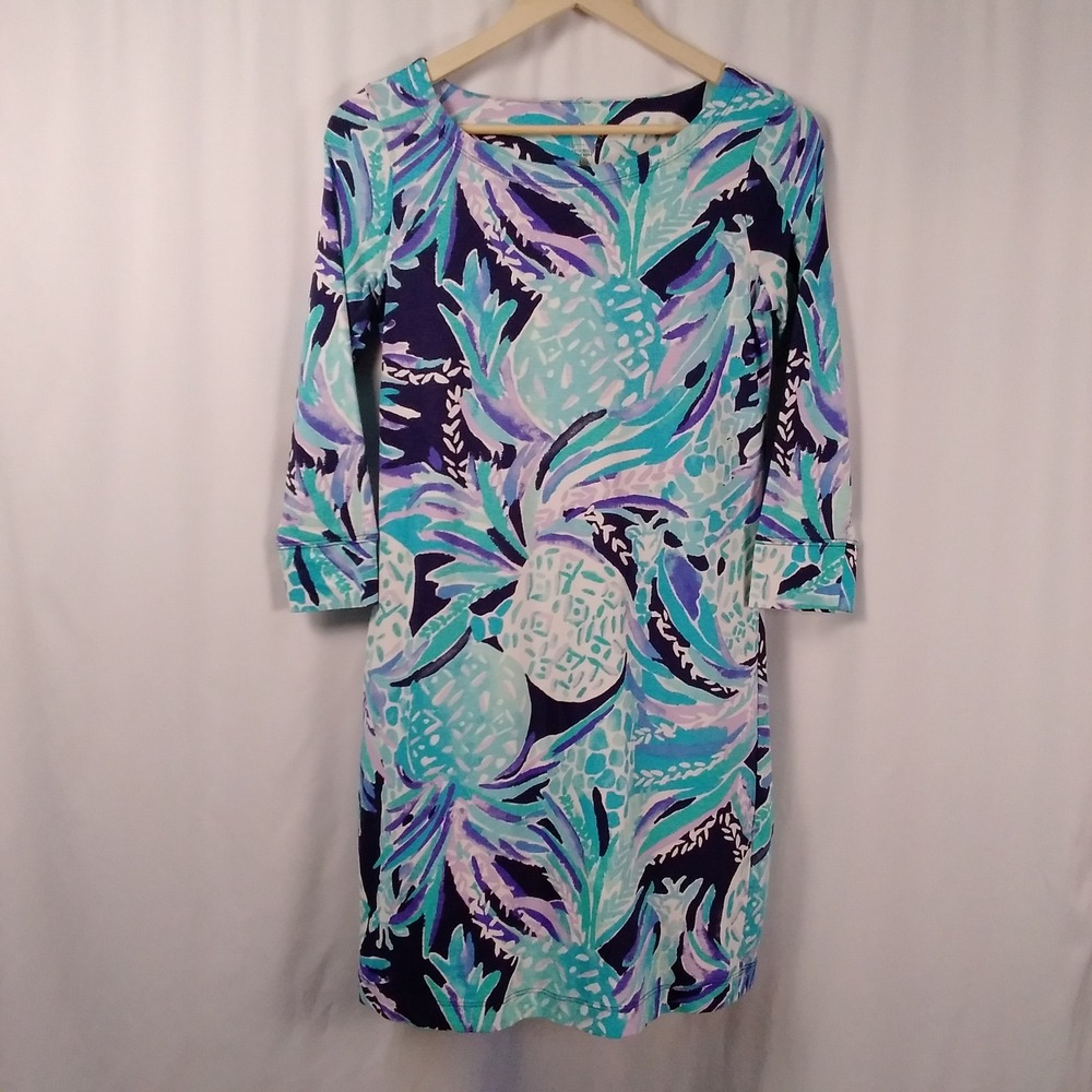 Lilly Pulitzer Womens XS Hollee Dress in Alotta Colada Print 3/4 Sleeve Cutout